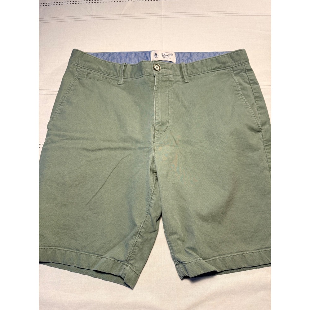Original Penguin Mens Sage Green Corduroy Chino Shorts Size 33 Flat Front Cotton
